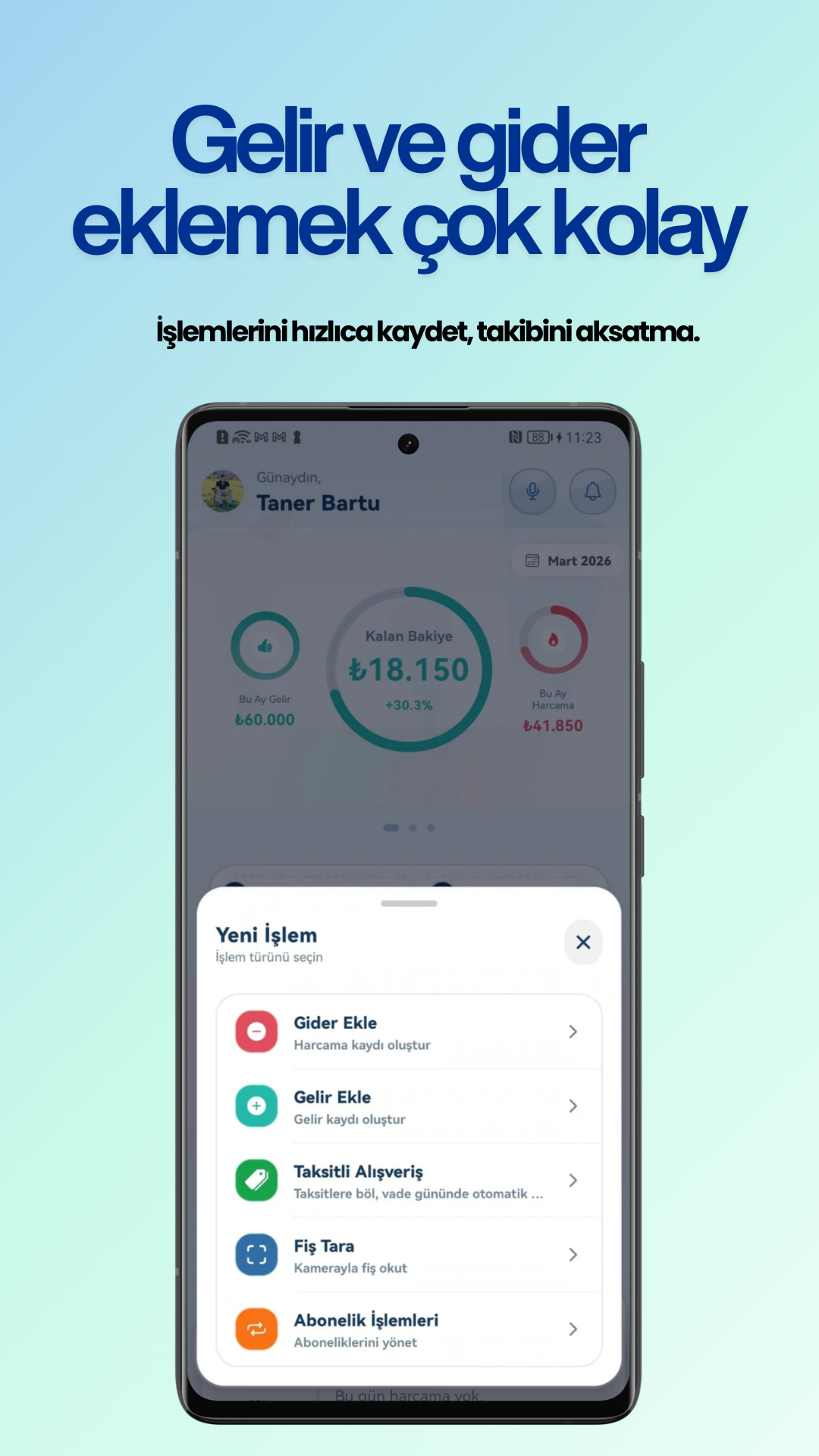 BütçeAI hızlı gelir gider ekranı